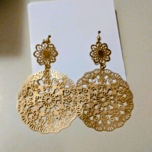 Gold-tone Drop Dangle Filigree Floral Cutout Pierced Earrings 3" L
